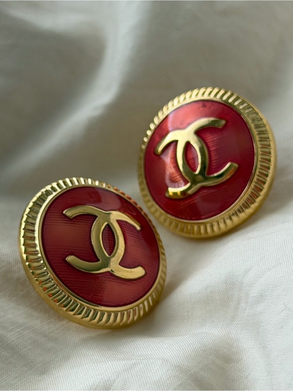 CHANEL Gold-Tone CC Pinkish Red Enamel Earrings